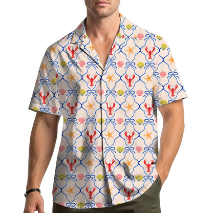 Lifestyle view of a family wearing matching beige coastal hawaiian shirts