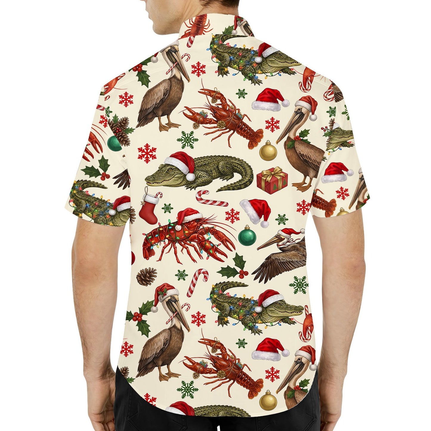 Back view of the coastal carolina hawaiian shirt showing the all-over coastal holiday print