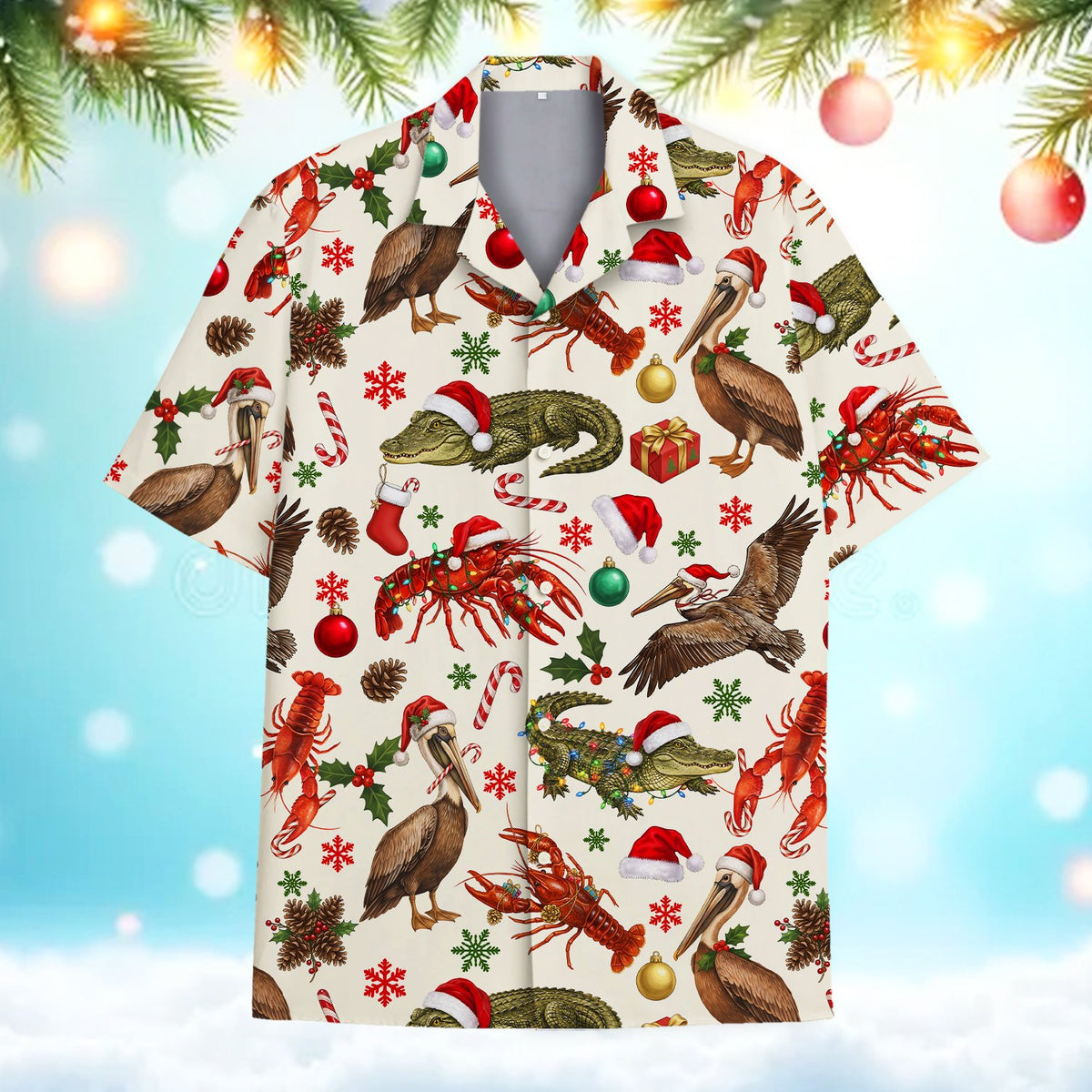 Front view detail of the matching family hawaiian shirts with festive coastal design