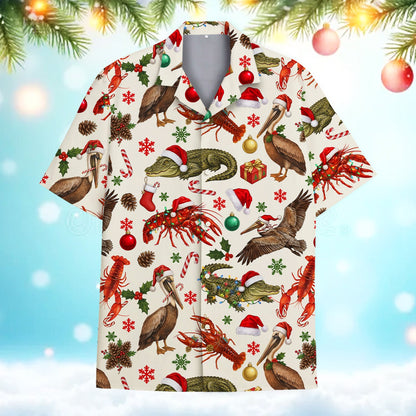 Front view detail of the matching family hawaiian shirts with festive coastal design