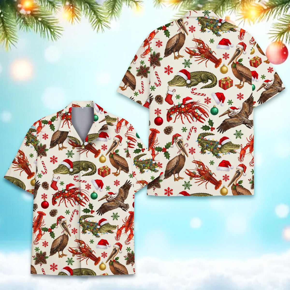Close-up front view of the holiday hawaiian shirt on a beige background