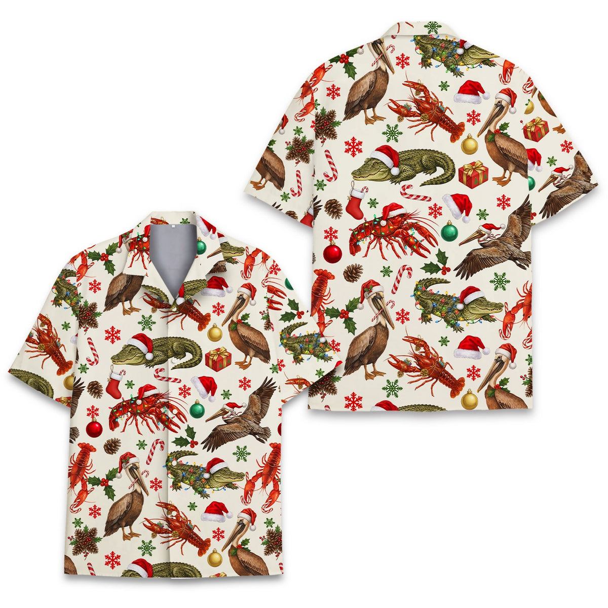 Coastal carolina hawaiian shirt featuring festive alligators and lobsters on a beige background, main view