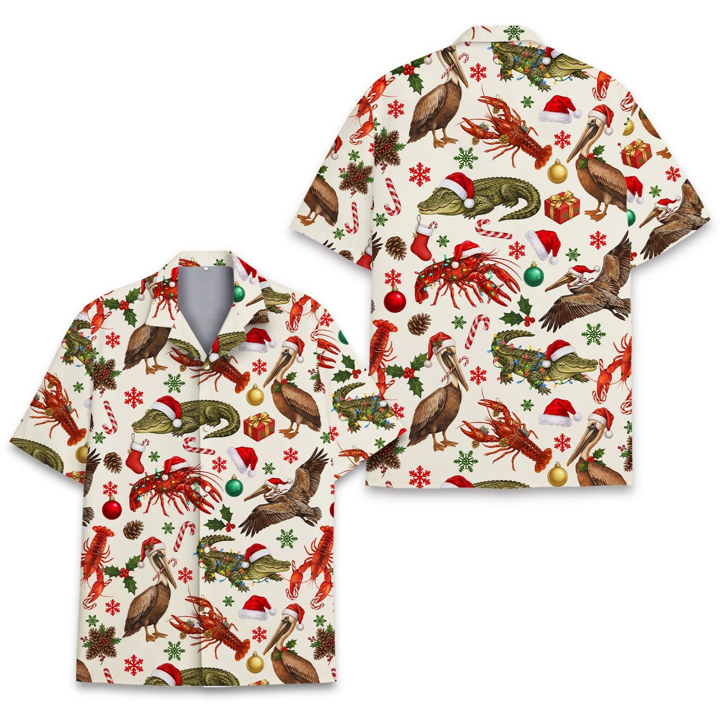 Front view of the coastal carolina hawaiian shirt with holiday pelican and string light print