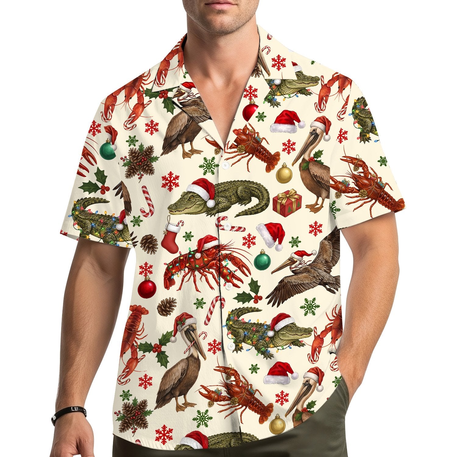Lifestyle view of someone wearing the coastal holiday hawaiian shirt outdoors