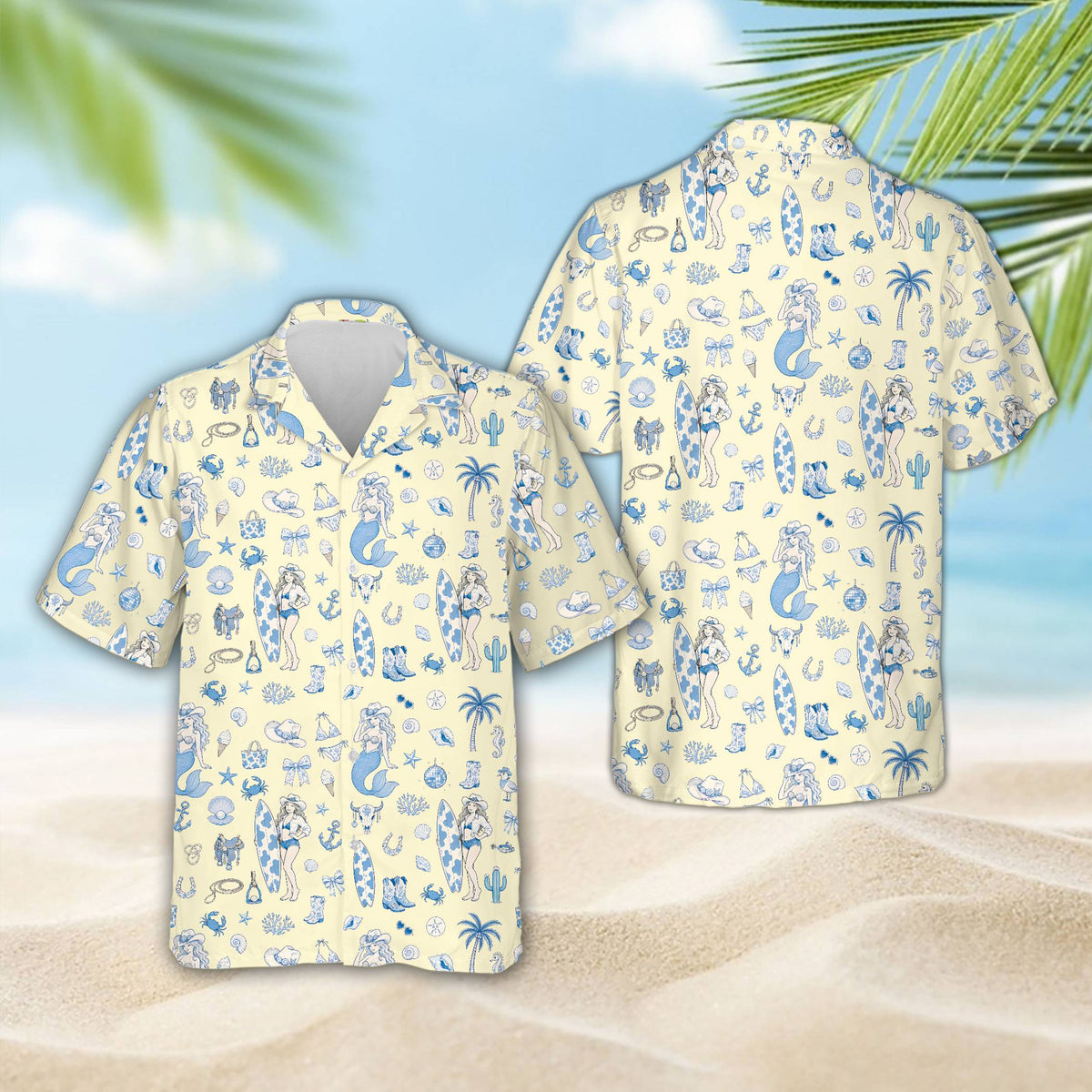 Front view of coastal cowgirl hawaiian shirt in beige