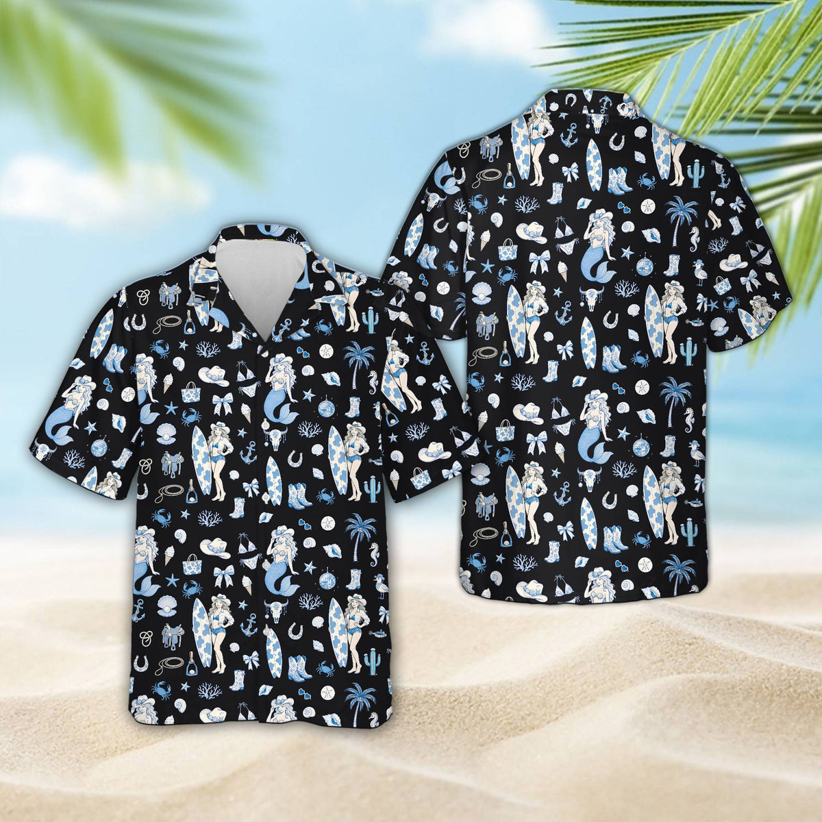 Front view of coastal cowgirl hawaiian shirt in black
