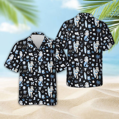 Front view of coastal cowgirl hawaiian shirt in black