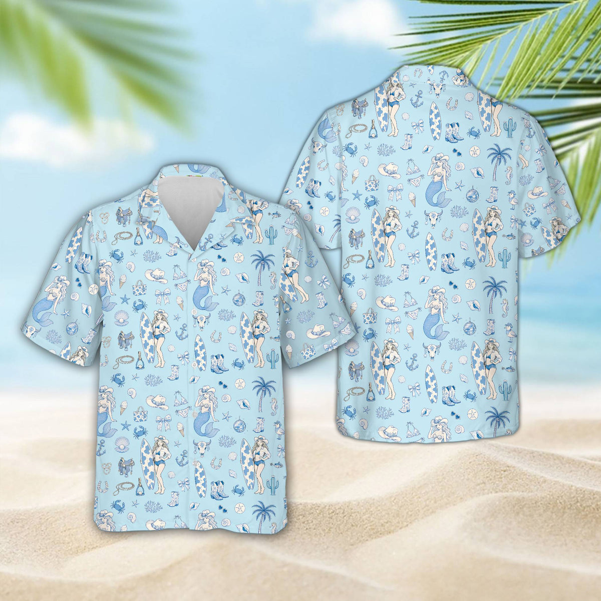 Front view of coastal cowgirl hawaiian shirt in blue