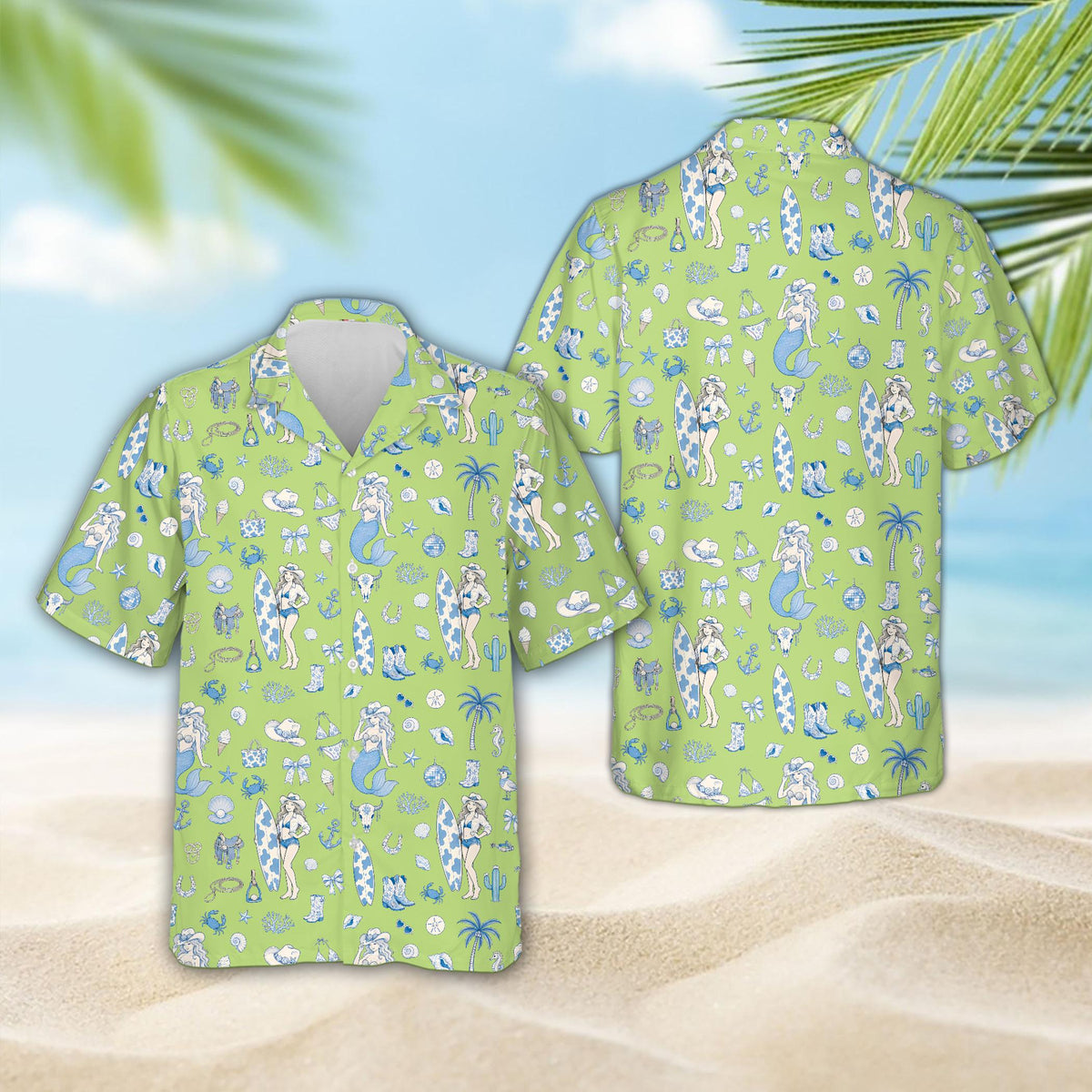 Front view of coastal cowgirl hawaiian shirt in green