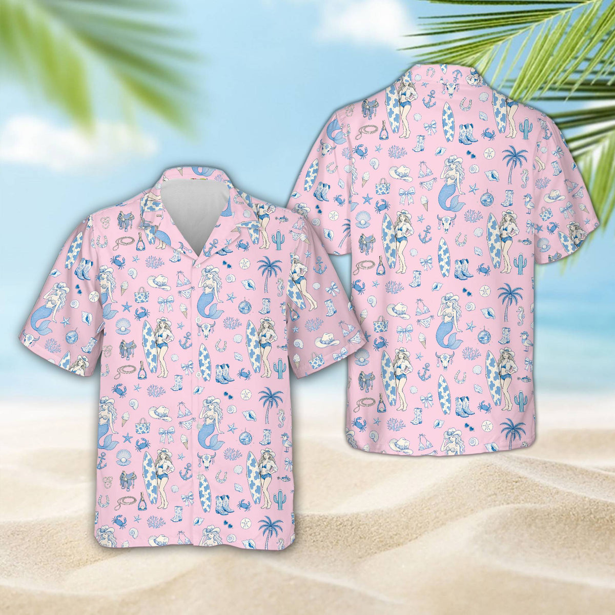 Front view of coastal cowgirl hawaiian shirt in pink