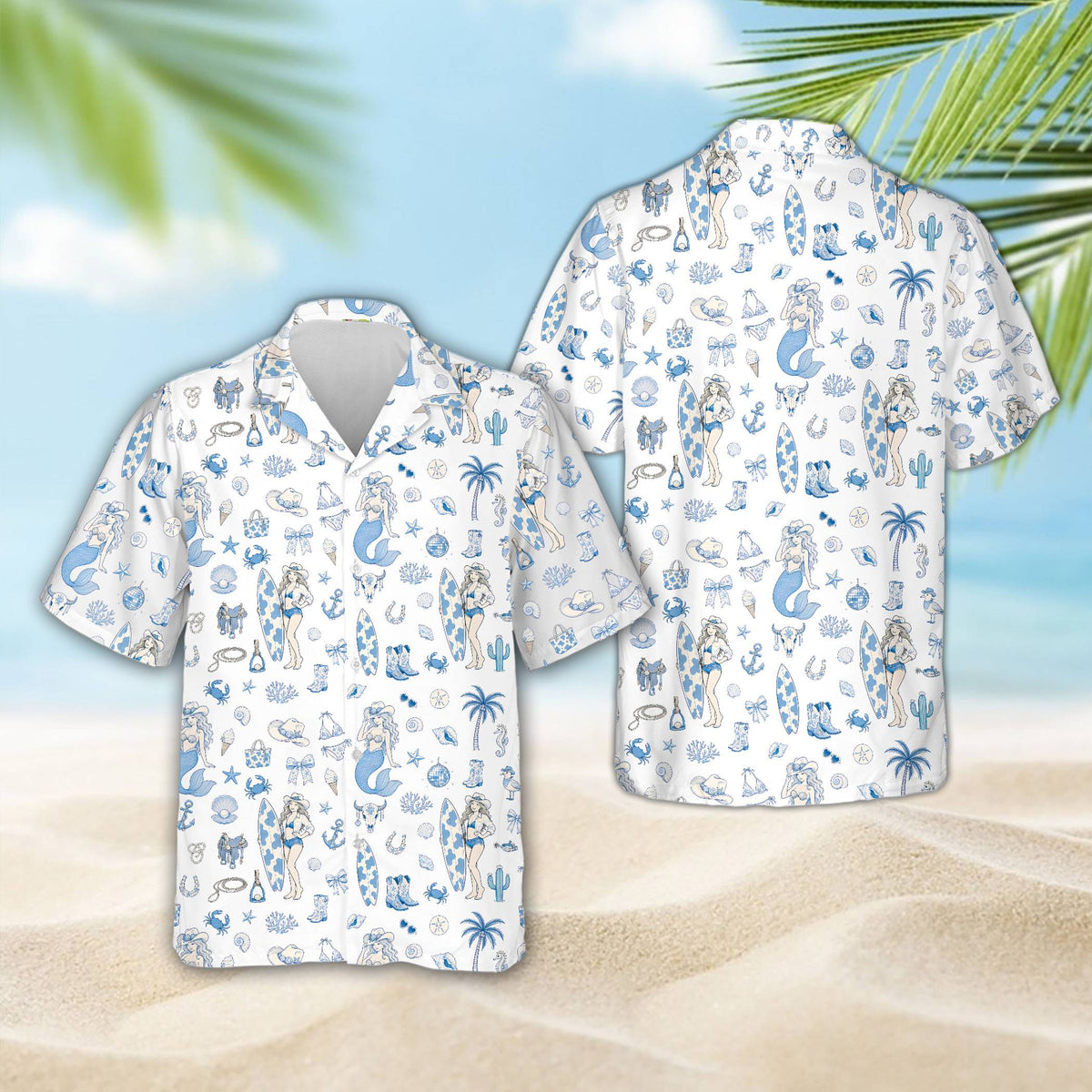 Matching family hawaiian shirts in coastal cowgirl design, main view