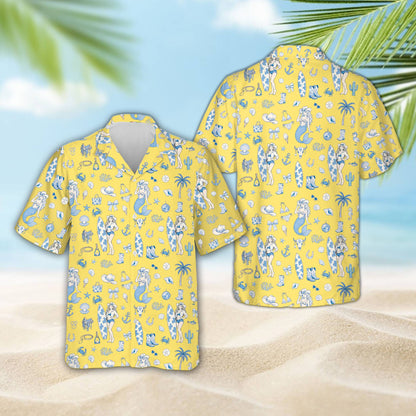 Front view of coastal cowgirl hawaiian shirt in yellow