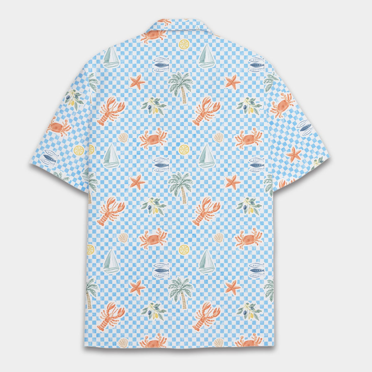 Back view of the blue coastal hawaiian shirt showing the continuous checkerboard pattern