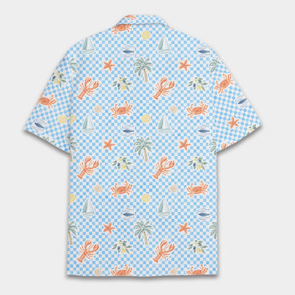 Back view of the blue coastal hawaiian shirt showing the continuous checkerboard pattern