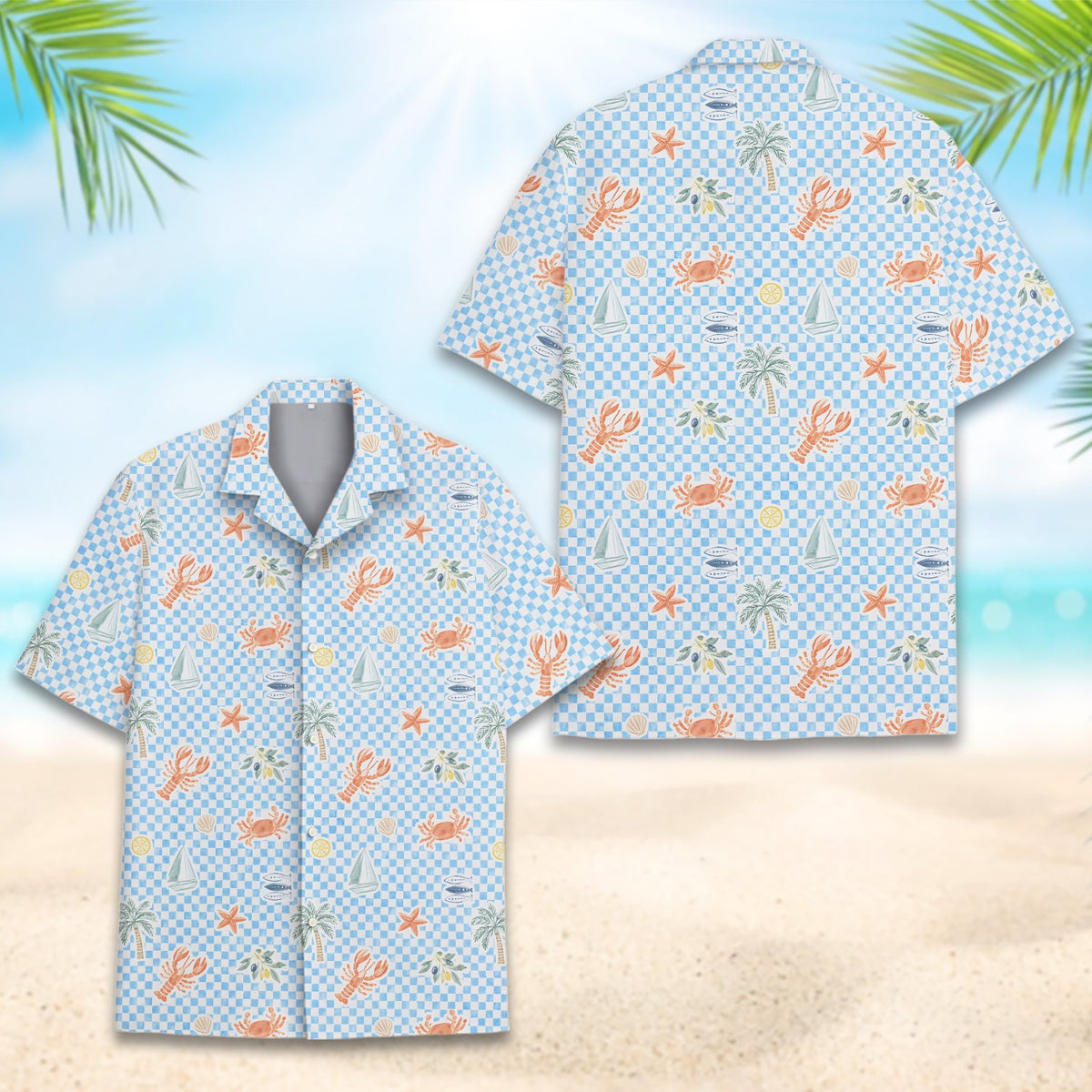 Another front view of the light blue and white checkerboard hawaiian shirt