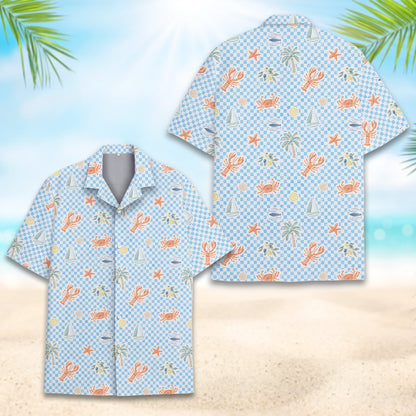 Another front view of the light blue and white checkerboard hawaiian shirt