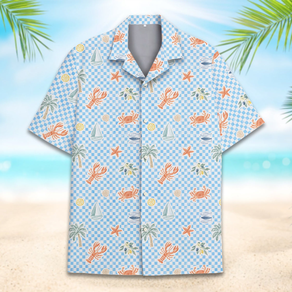Close up front view of the blue coastal hawaiian shirt detailing the lobsters and starfish