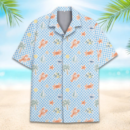 Close up front view of the blue coastal hawaiian shirt detailing the lobsters and starfish