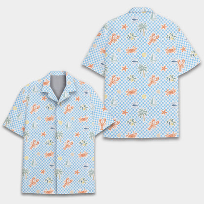 Front view of the coastal matching family hawaiian shirt with sailboats and palm trees
