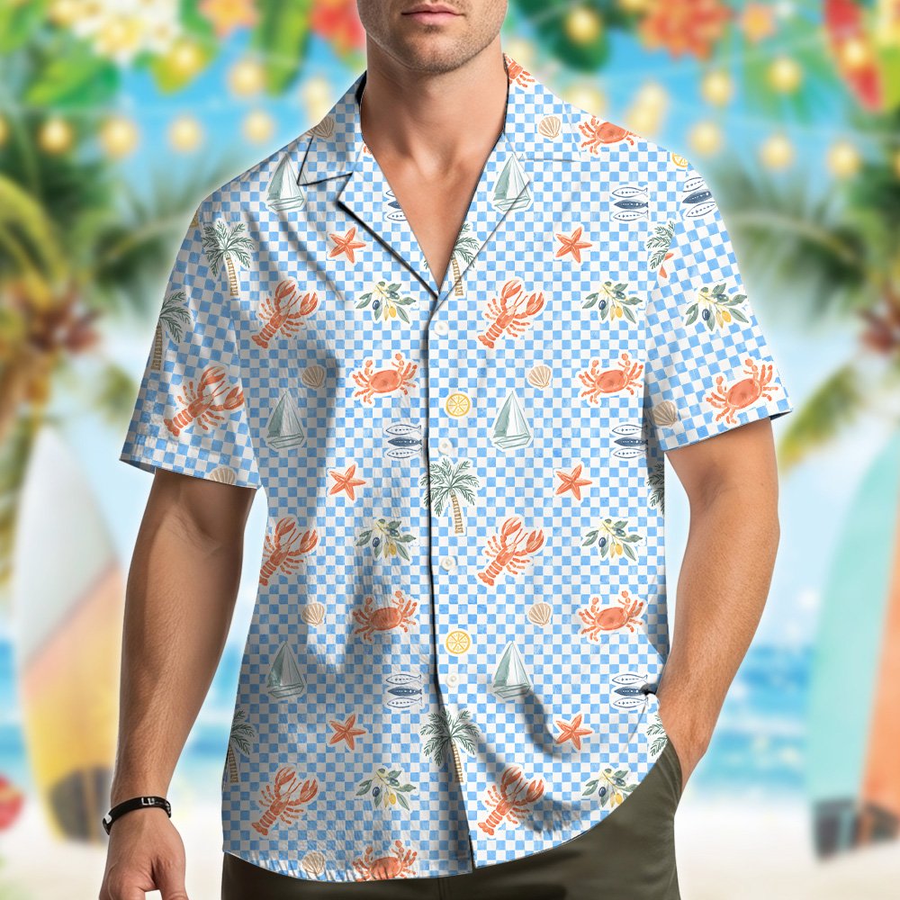 Second lifestyle view of the matching family hawaiian shirts in a tropical setting