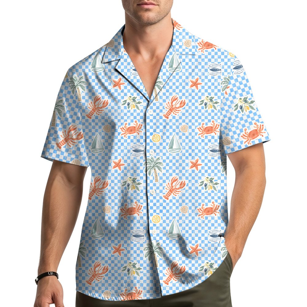 Lifestyle image showing the blue coastal hawaiian shirt being worn outdoors