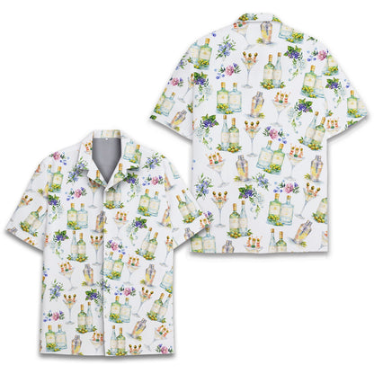 White cocktails hawaiian shirt, close up front view