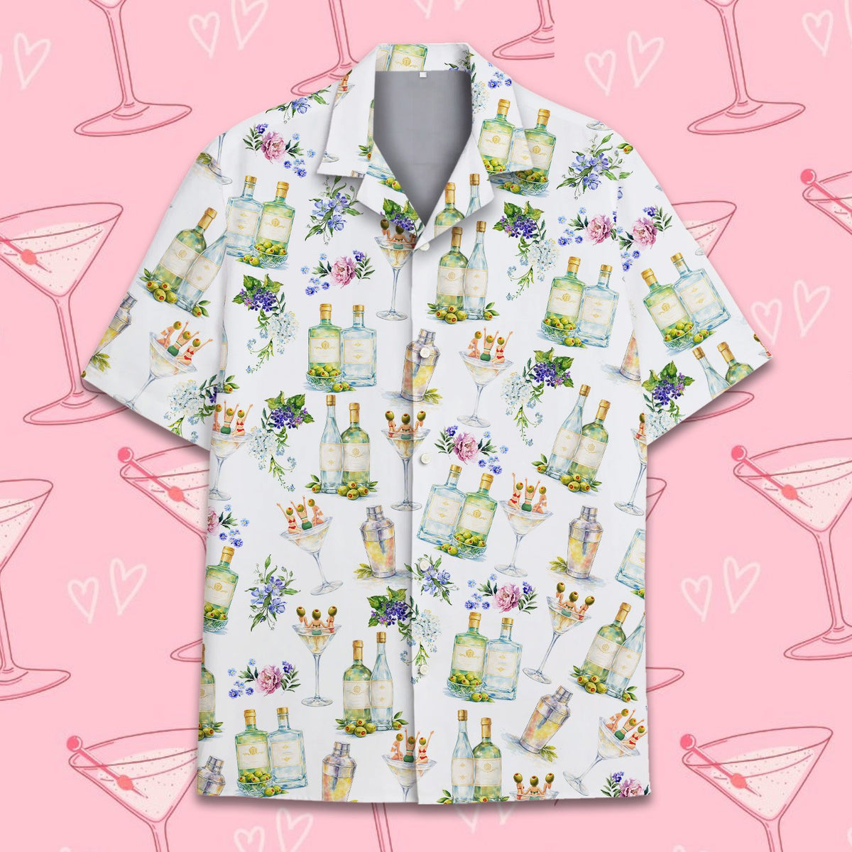 White cocktails hawaiian shirt, front view