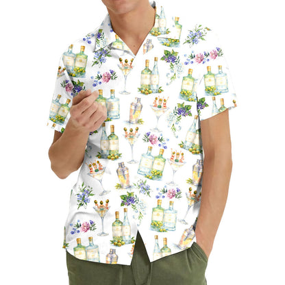Lifestyle view of matching family hawaiian shirts with cocktails pattern