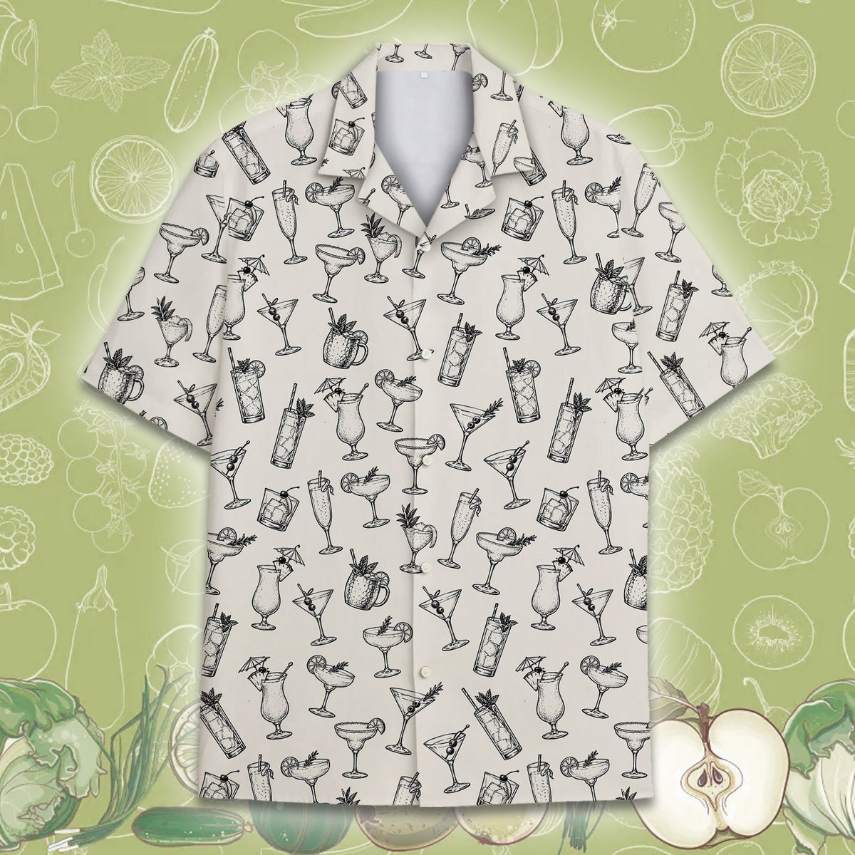 Front view of black cocktails hawaiian shirt