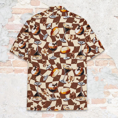 Second back view of the brown wavy checkerboard hawaiian shirt