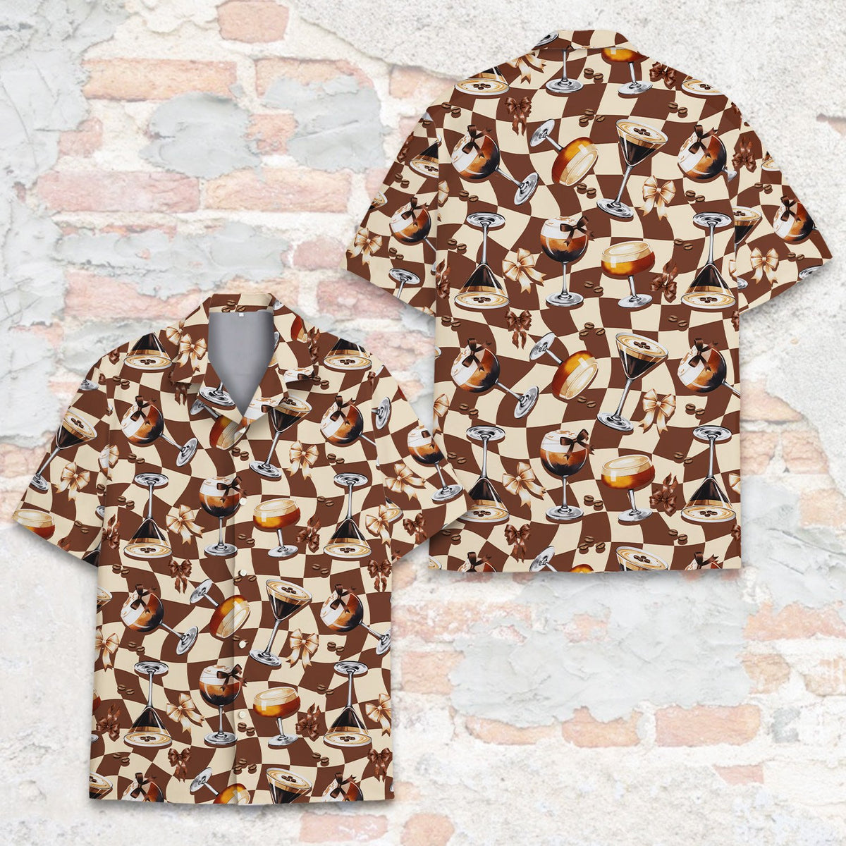 Detailed front view showing the espresso martinis and coffee beans pattern on the shirt
