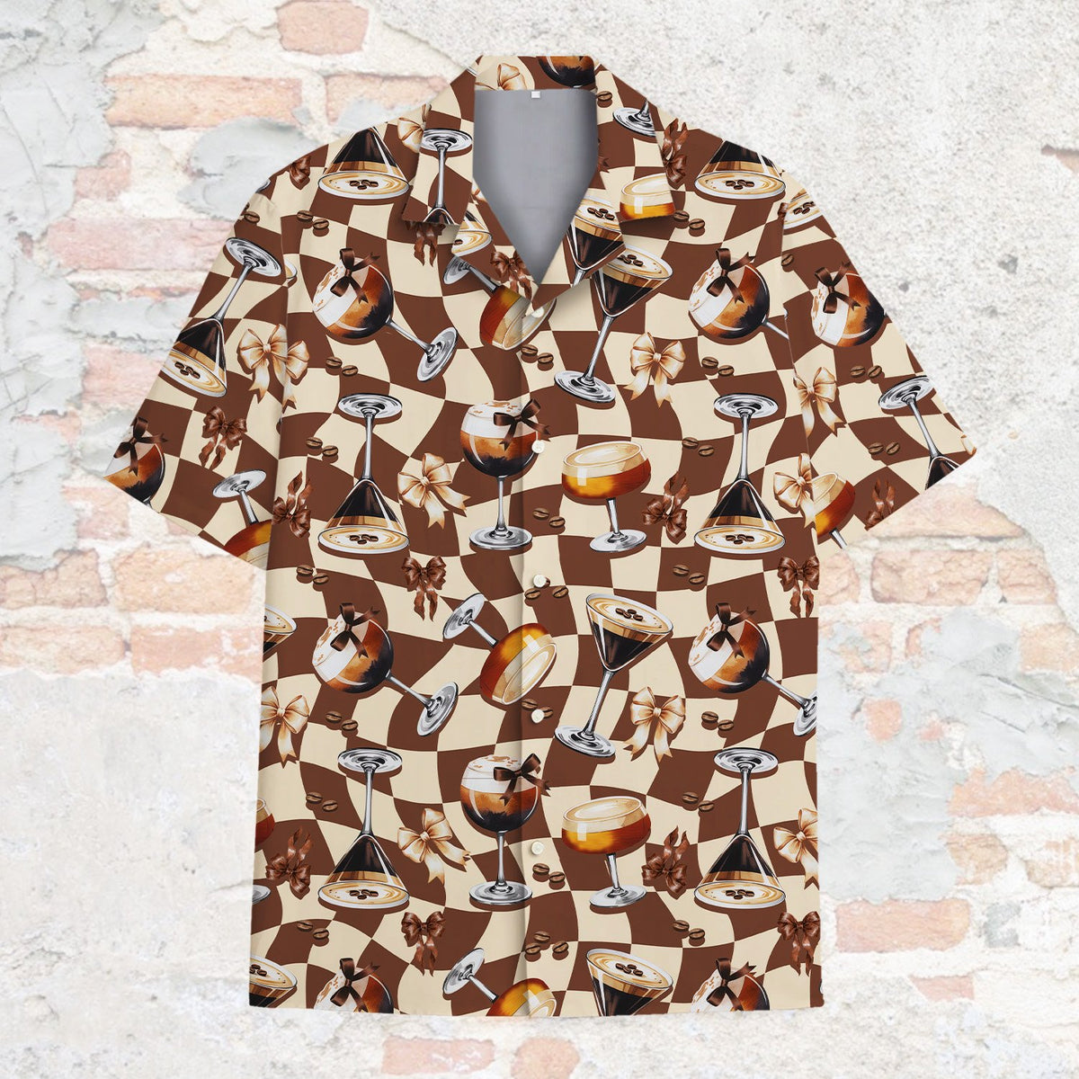 Front view of the brown coffee hawaiian shirt with espresso martini design