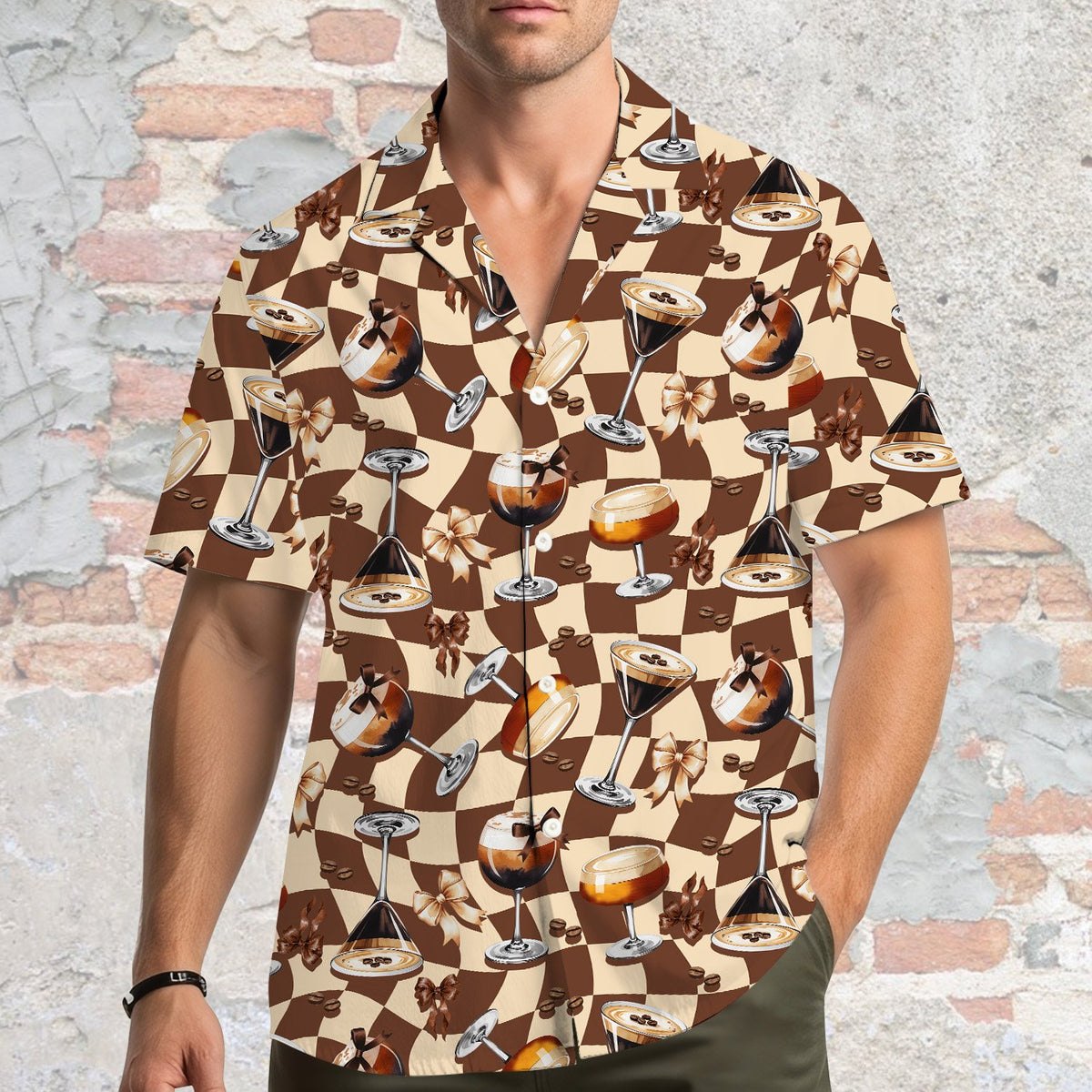 Lifestyle shot highlighting the abstract brown pattern of the family matching hawaiian shirt