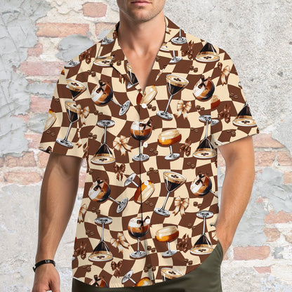 Lifestyle shot highlighting the abstract brown pattern of the family matching hawaiian shirt
