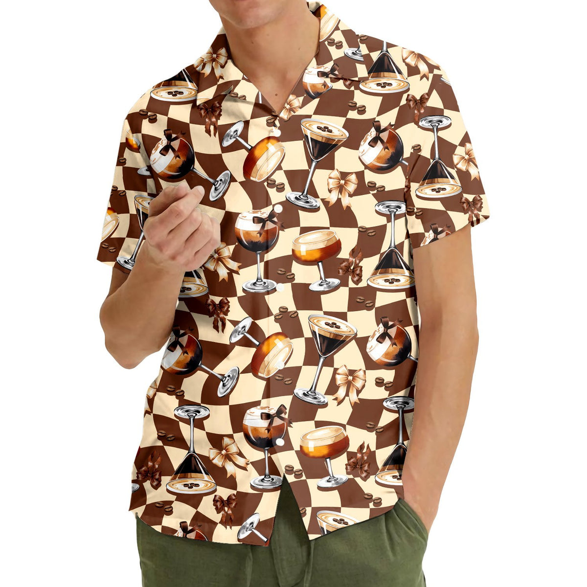 Another lifestyle image showing the relaxed fit of the espresso martini shirt