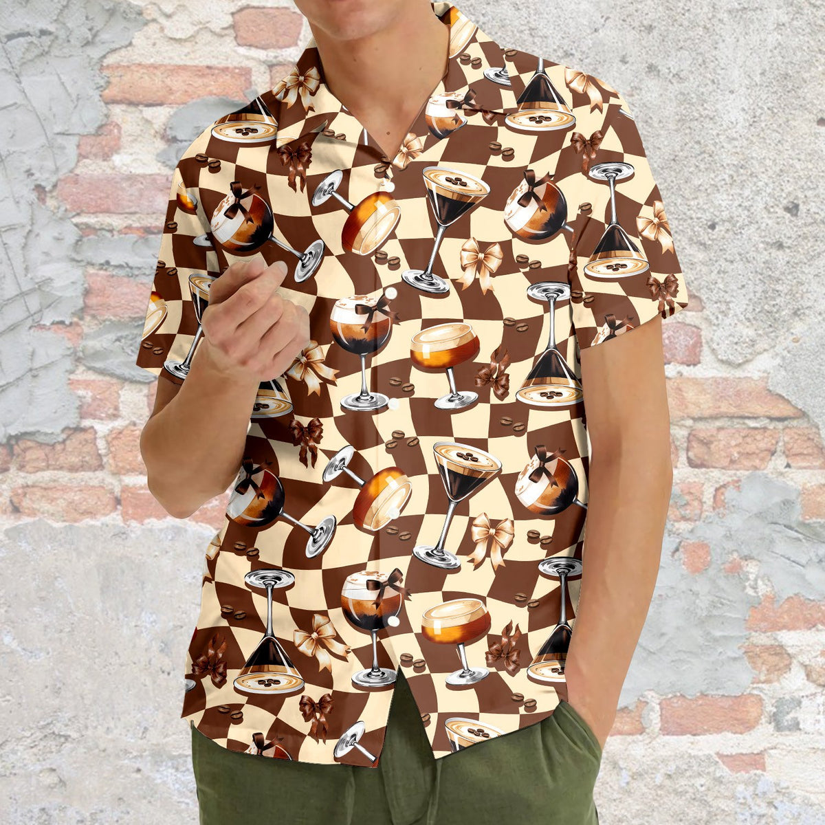 Close-up lifestyle view of the button-down front and collar of the hawaiian shirt