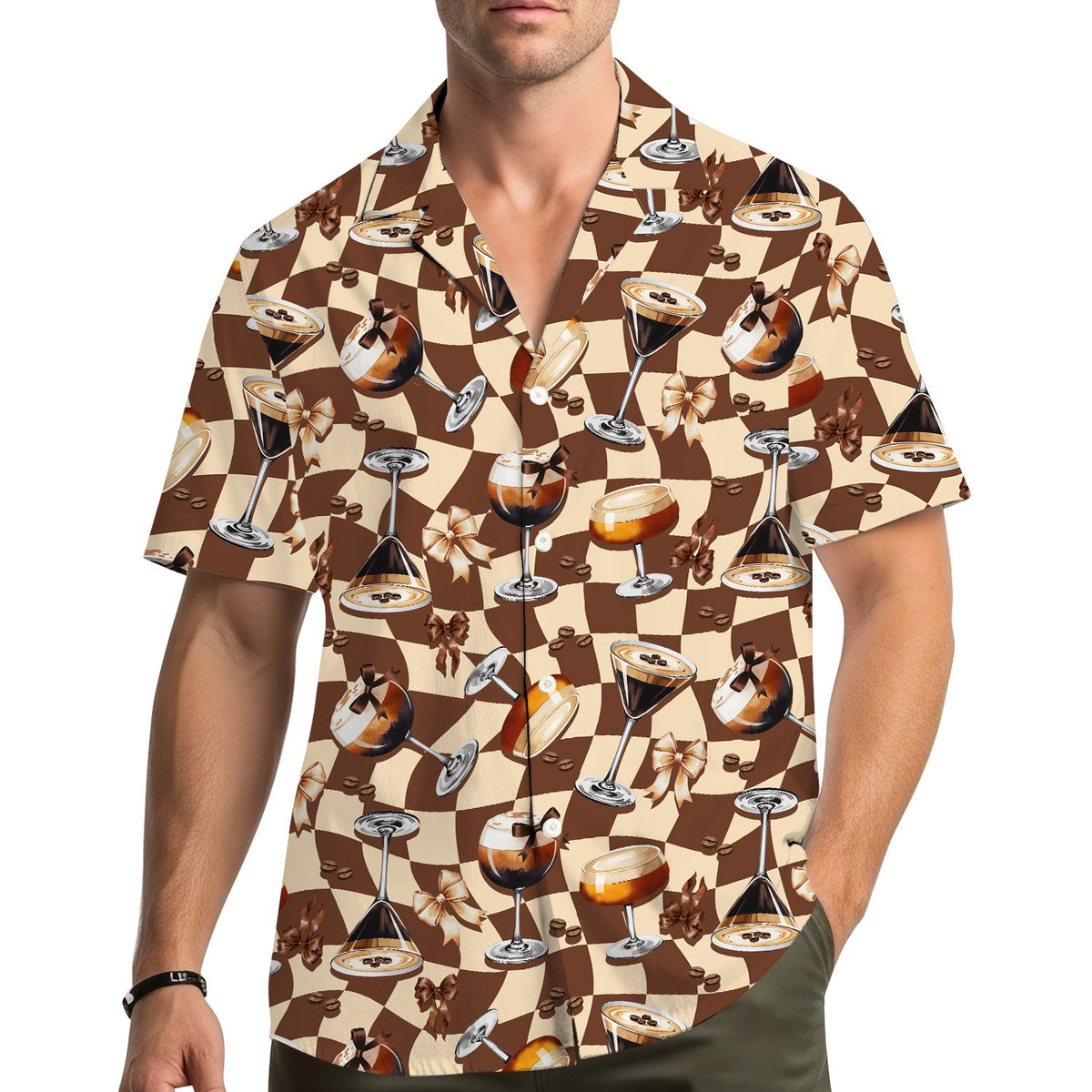Lifestyle view of a person wearing the coffee espresso martini hawaiian shirt outdoors