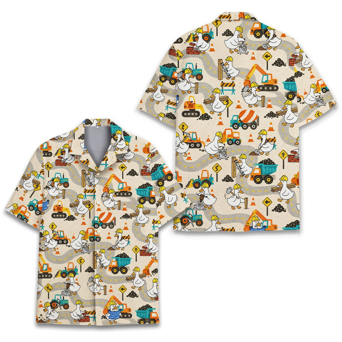 Front view of the beige construction hawaiian shirt