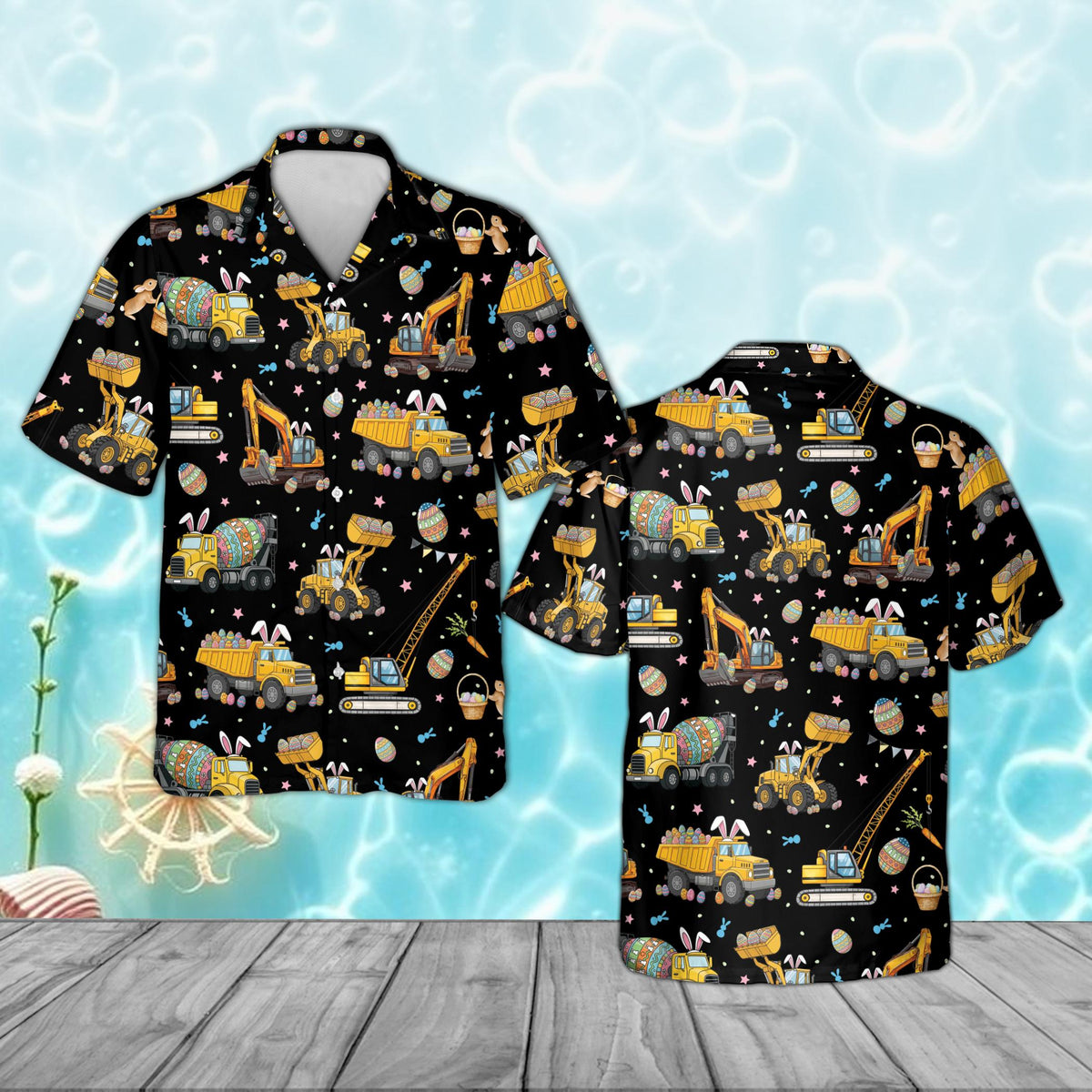 Black construction Easter Hawaiian shirt featuring dump trucks and bunnies, front view