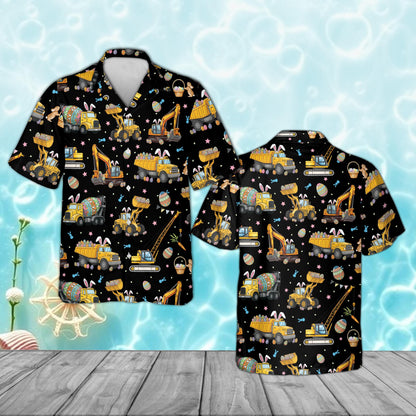 Black construction Easter Hawaiian shirt featuring dump trucks and bunnies, front view