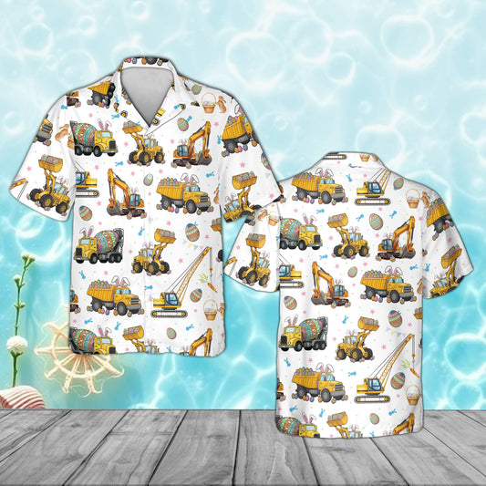 White construction Easter Hawaiian shirt with yellow excavators and eggs, main view