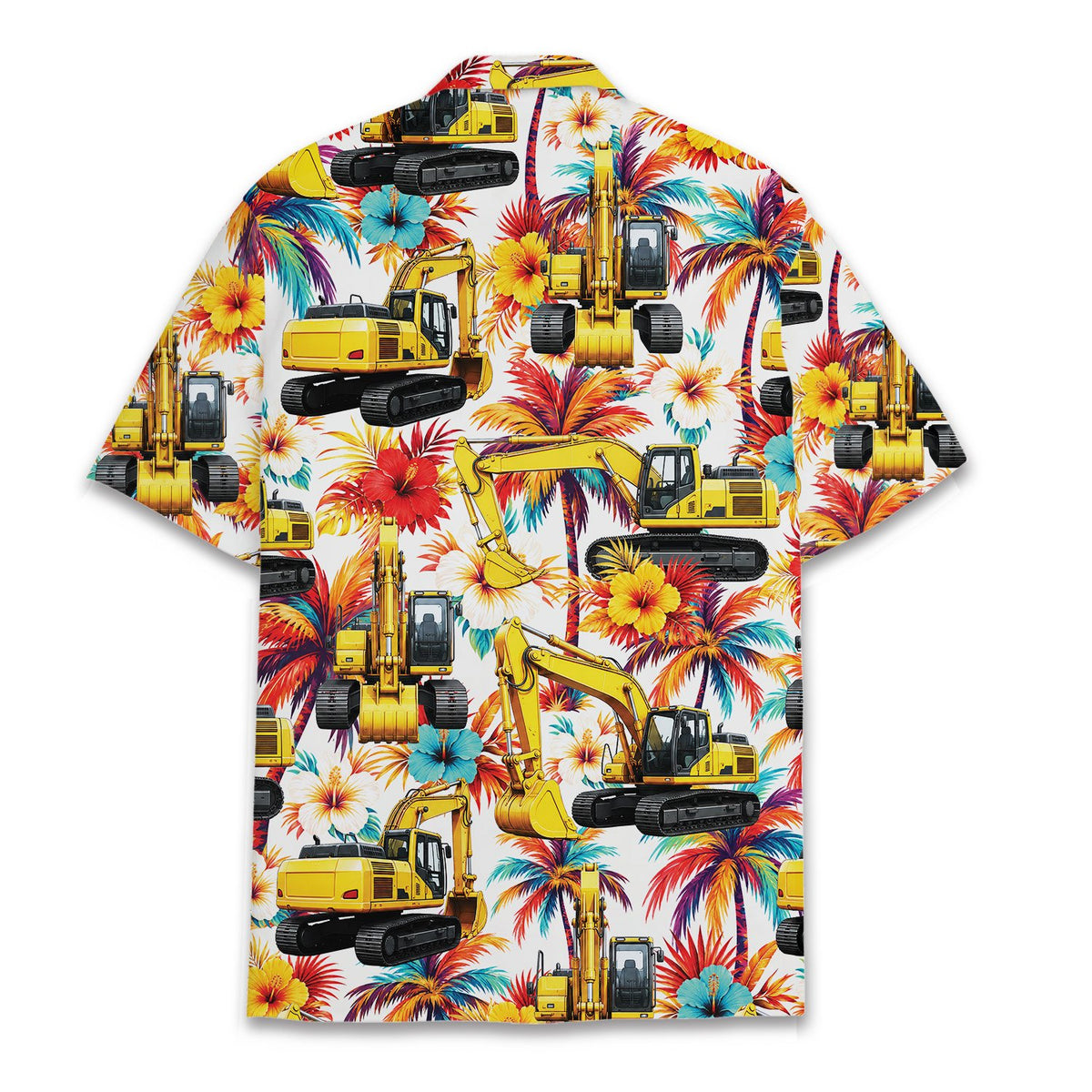 Back view of construction equipment & tropical hawaiian shirt