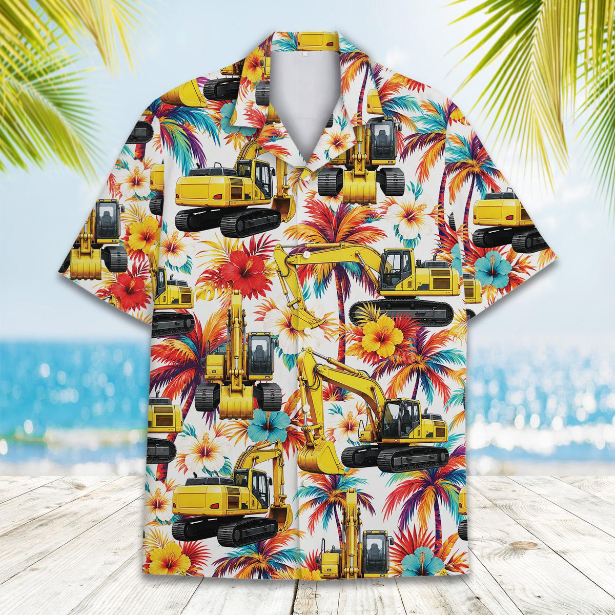 Front detail of construction equipment tropical shirt