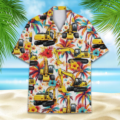 Close up front view of tropical excavator hawaiian shirt