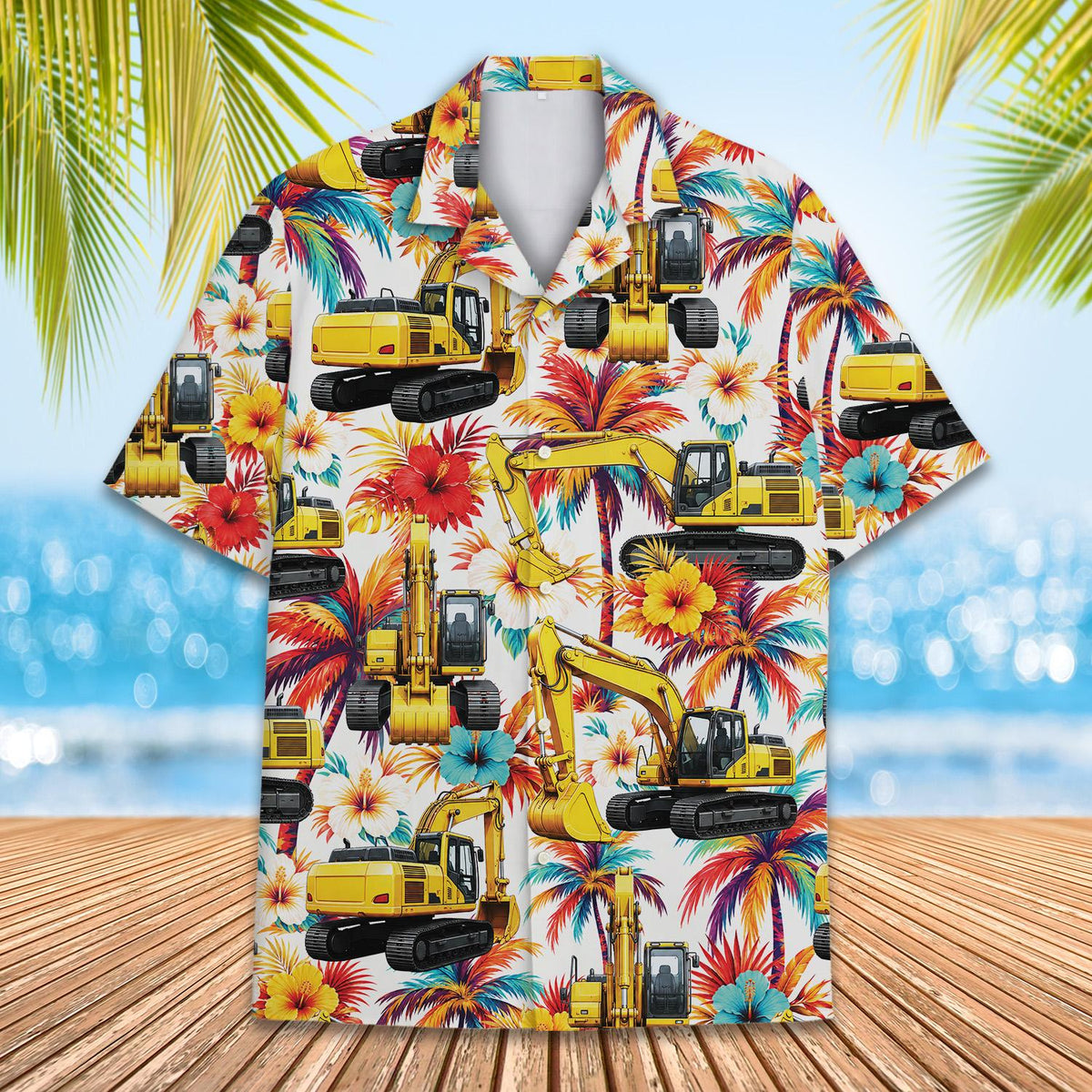Matching family hawaiian shirts with construction and tropical print, main view