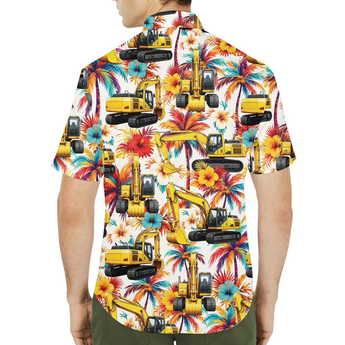 Family wearing matching construction equipment tropical shirts outdoors