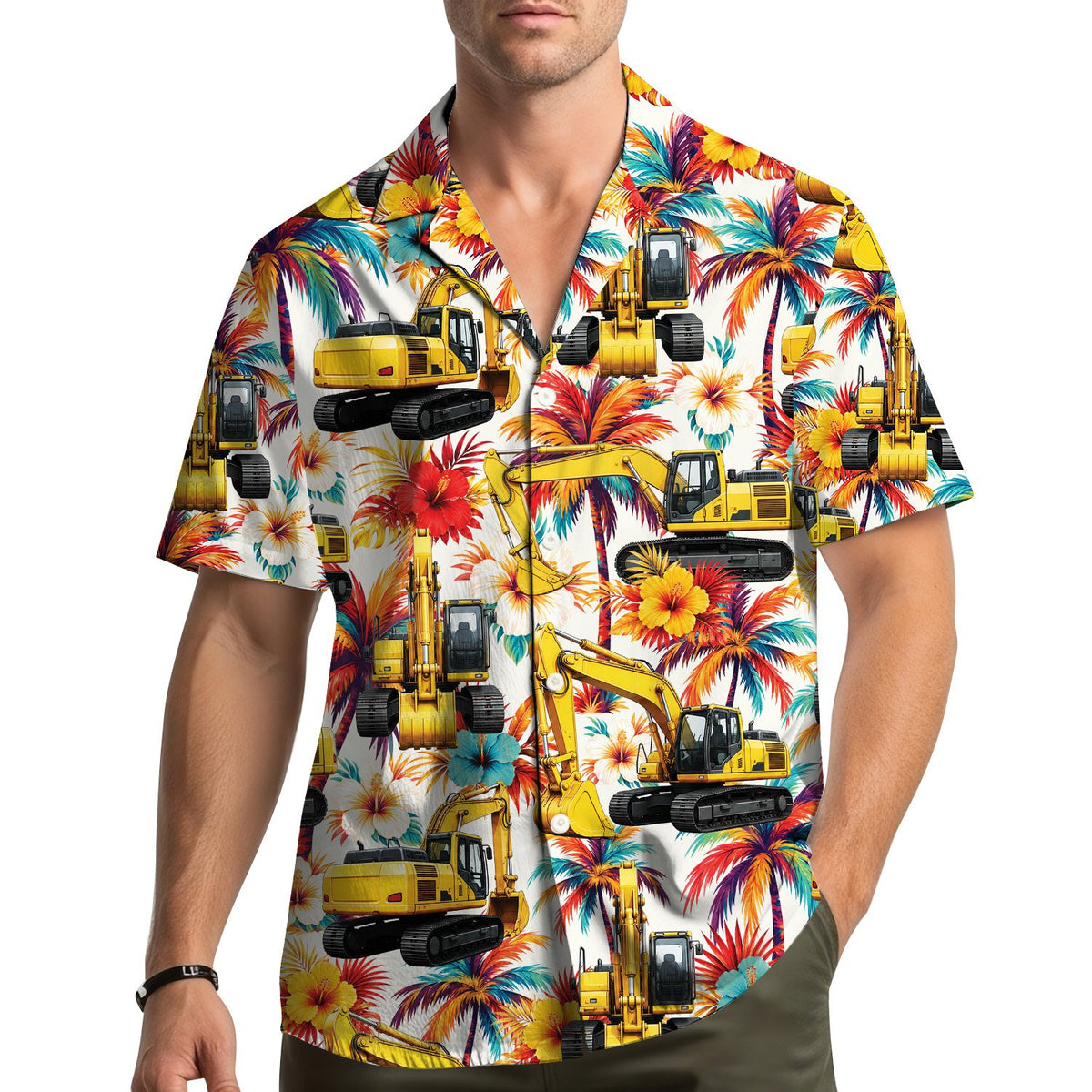 Lifestyle view of matching family hawaiian shirts with construction design