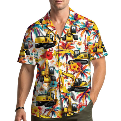 Lifestyle view of matching family hawaiian shirts with construction design