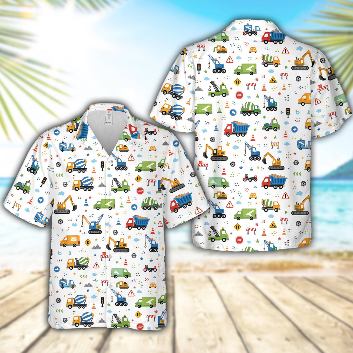 Front view of the white construction hawaiian shirt with dump trucks and excavators