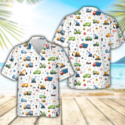 Front view of the white construction hawaiian shirt with dump trucks and excavators